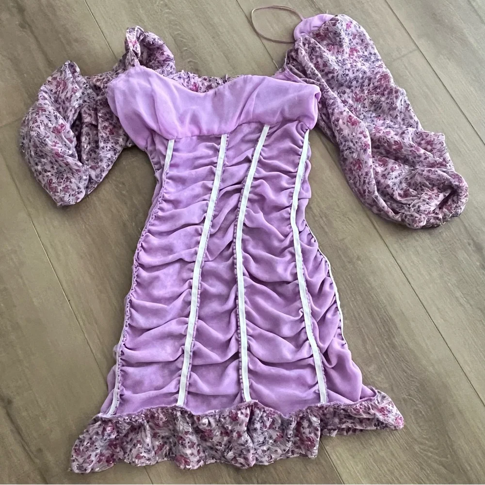 Zara Dress XS Mini Purple Floral Ruched‎ Chiffon Balloon Sleeves Elasticated - Picture 9 of 14